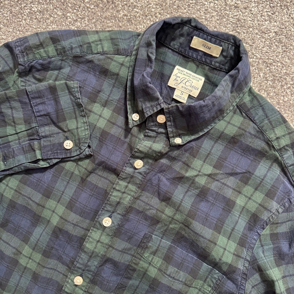 J Crew Shirt Mens Small S Green Blue Plaid Cotton Slim Fit Black Watch Tartan